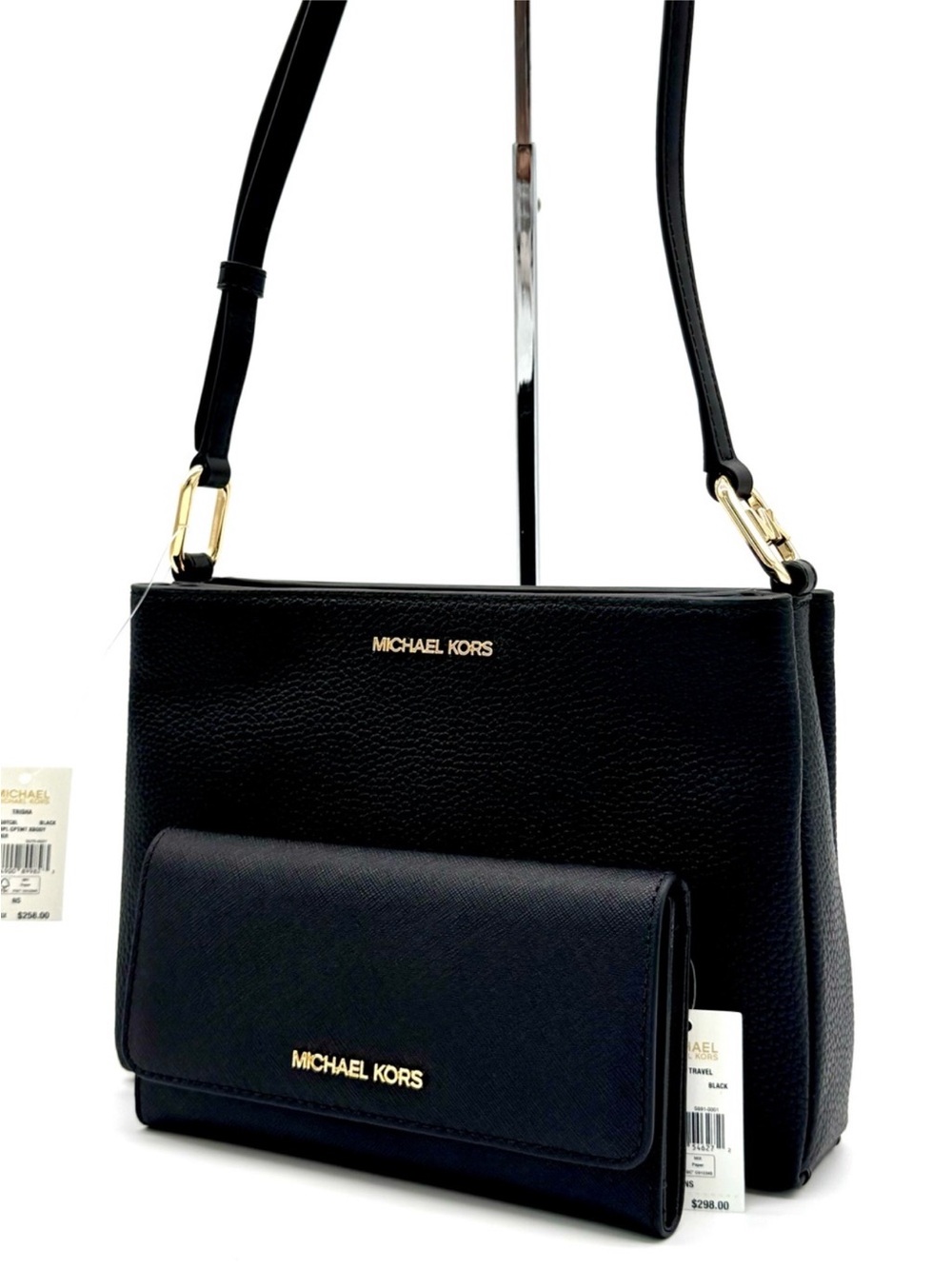 Michael Kors Trisha Medium Crossbody Bag w Matching Trifold Wallet Black/Gold